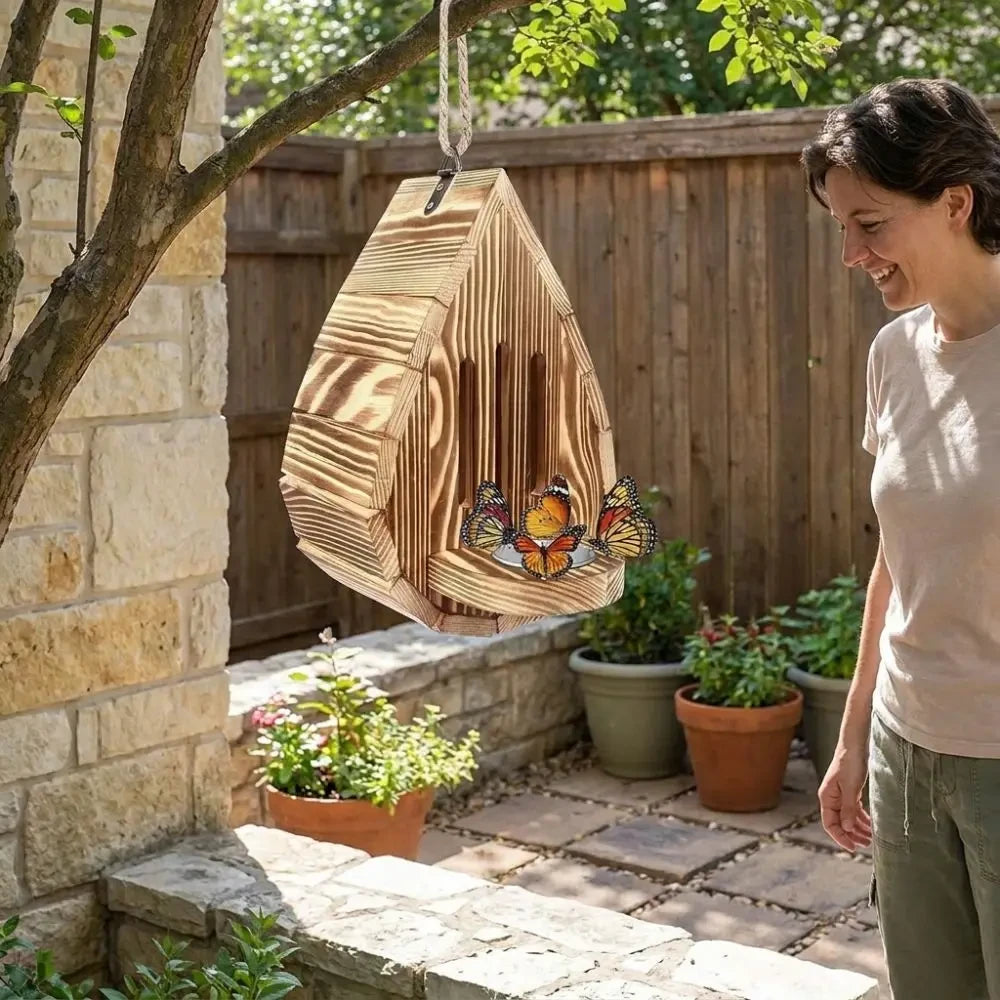 Rustieke Houten Vlinderhuis™ | kleurrijke bezoekers in de tuin